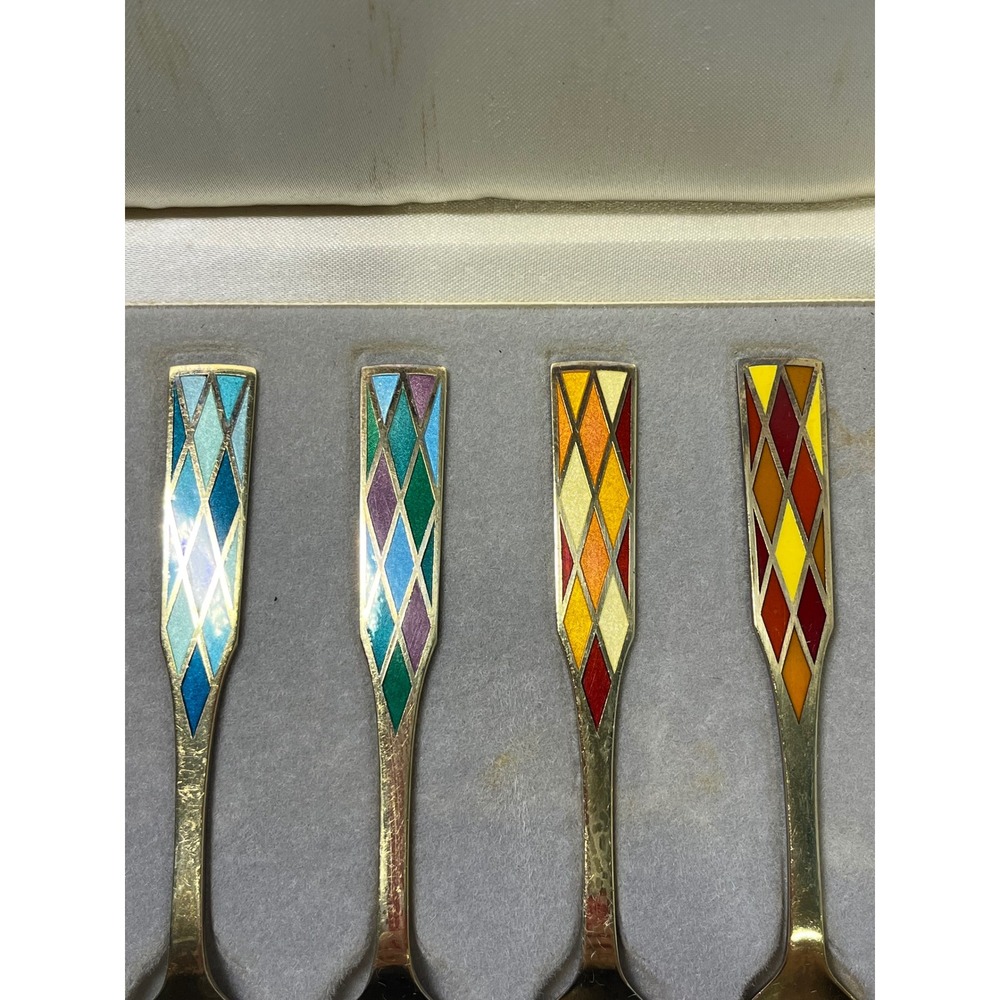 Vintage Georg Jensen Sterling Silver Enamel Harlequin Dessert 7 Forks Denmark - Picture 7 of 12